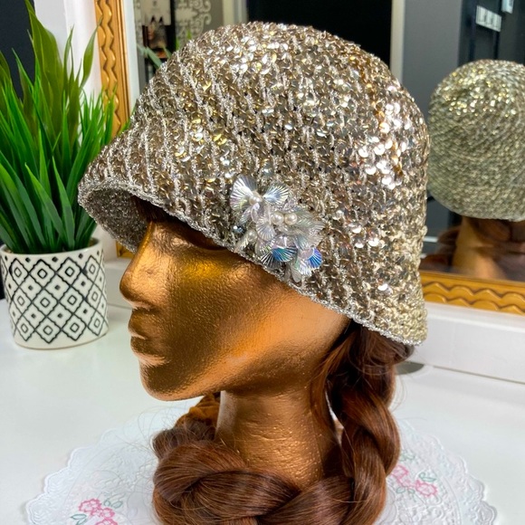Adolofo II Accessories - Adolfo II Vintage 60s Mixed Metals Sequin & Metallic Thread Crochet Bucket Hat